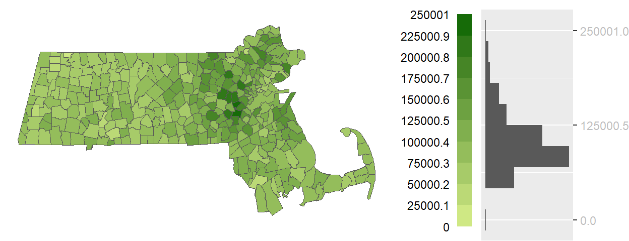 An equal interval choropleth map using 10 bins.