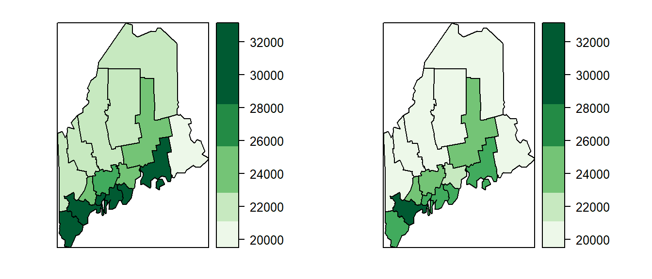 Maps of top end of 90 percent income estimate (left) and bottom end of 90 percent income estimate (right).