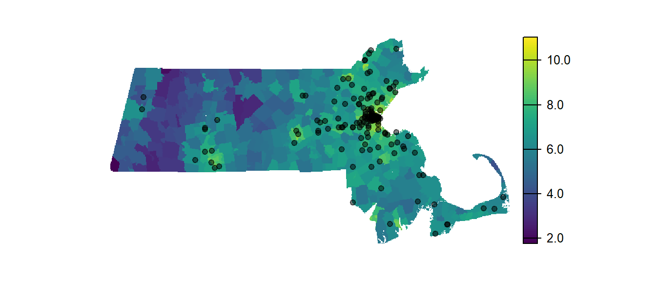 Location of Starbucks relative to population density. Note that the classification scheme follows a log scale to more easily differentiate population density values.