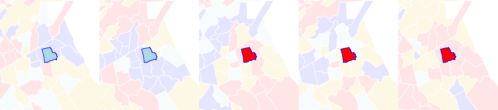 Local Moran's I outcomes of a few permutations of income values.