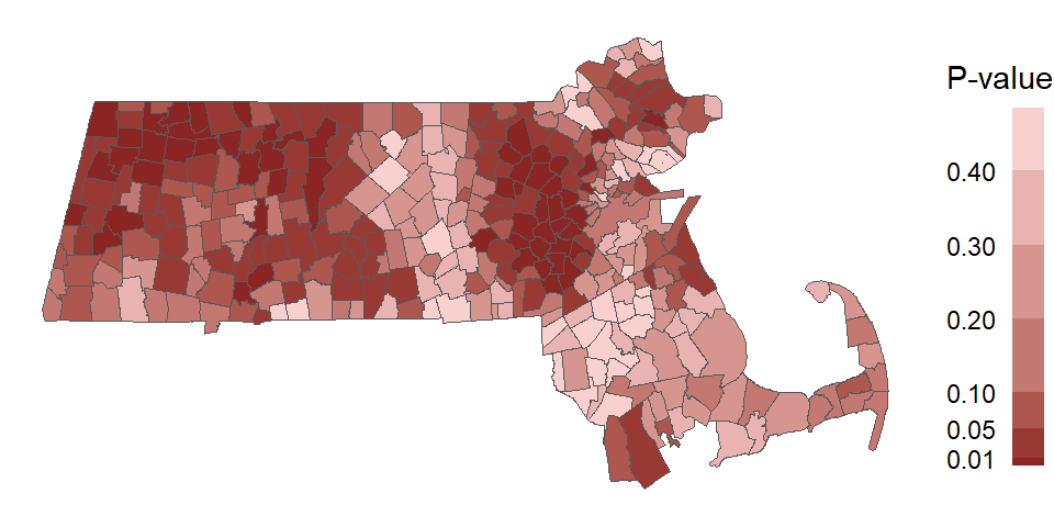 Map of the pseudo p-values for each polygons' $I_i$ statistic.