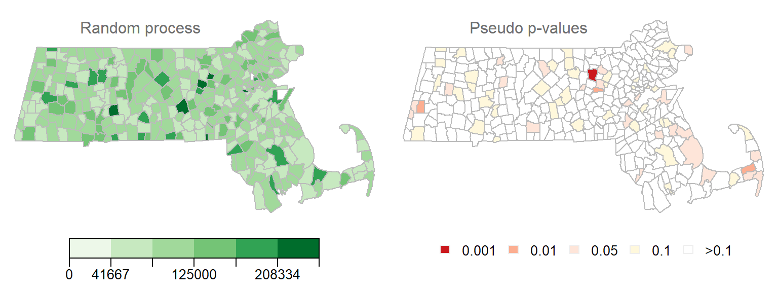 Realization of a random process. Left map is the distribution of income values under a random process. Right map is the outcome of a permutation test showing the computed pseudo p-values. Each permutation test runs 9999 permutations.