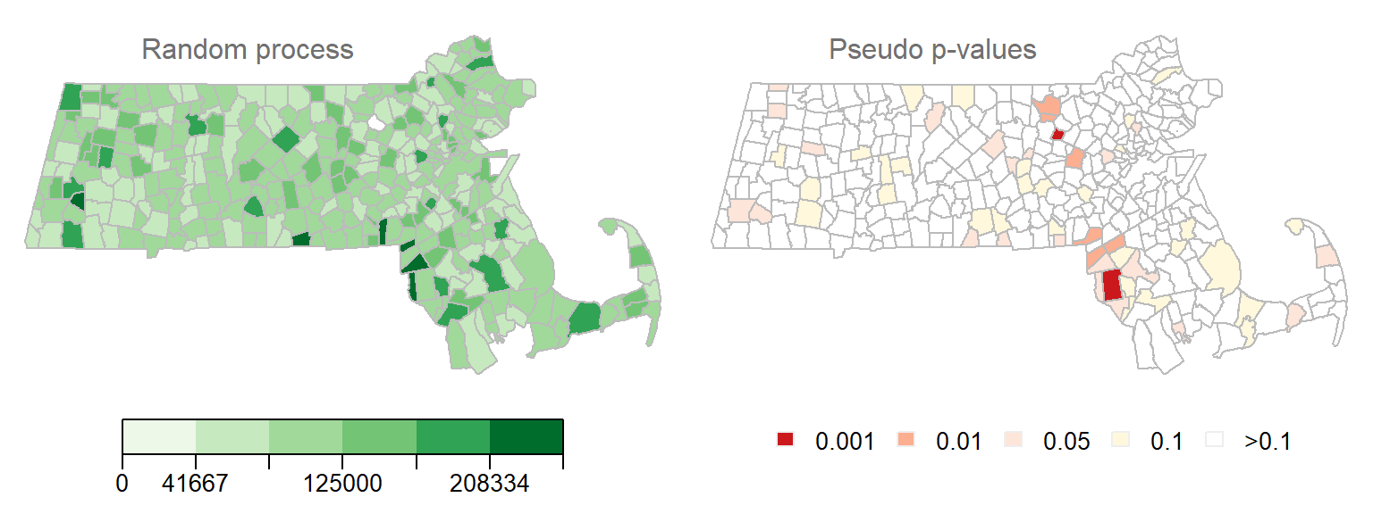 Another realization of a random process. Left map is the distribution of income values under a random process. Right map is the outcome of a permutation test showing computed pseudo p-values. 