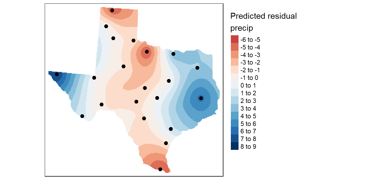 Krige interpolation of the residual (detrended) precipitation values.