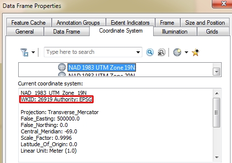 An ArcGIS dataframe coordinate system properties window. Note the WKID/EPSG code of 26919 (highlighted in red) associated with the NAD 1983 UTM Zone 19 N CS.