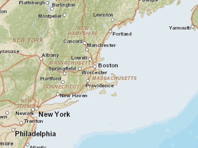 Map of the Boston area at a 1:10,000,000 scale. Note that in geography, this is considered small scale whereas in layperson terms, this extent is often referred to as a large scale (i.e. covering a large area).