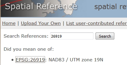 Example of a search result for EPSG **26919** at [http://spatialreference.org/ref/](http://spatialreference.org/ref/). Note that after clicking the `EPSG:269191` link, you must then select the Proj4 syntax from a list of available syntaxes to view the projection parameters