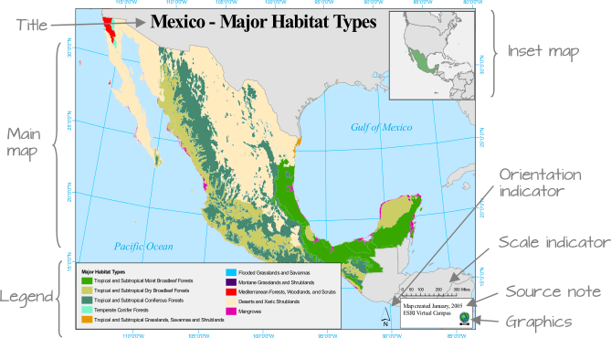 Map elements. Note that not all elements are needed, nor are they appropriate in some cases. Can you identify at least one element that does not belong in the map (hint, note the orientation of the longitudinal lines; are they parallel to one another? What implication does this have on the North direction and the placement of the North arrow? src. Esri)