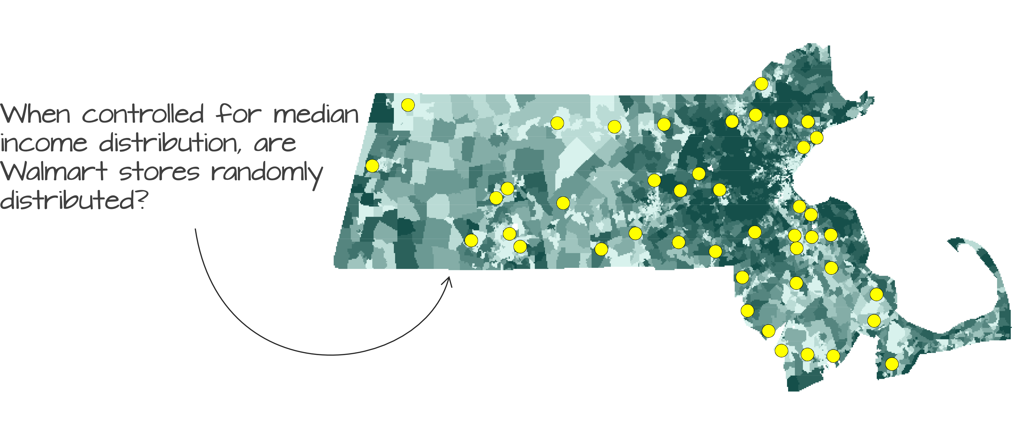 Walmart store distribution shown on top of a median income distribution layer.