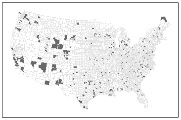 Bottom 10% of counties with the lowest kidney cancer death rates using EB smoothing technique.