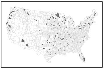 Top 10% of counties with the highest kidney cancer death rates using EB smoothing techniques.