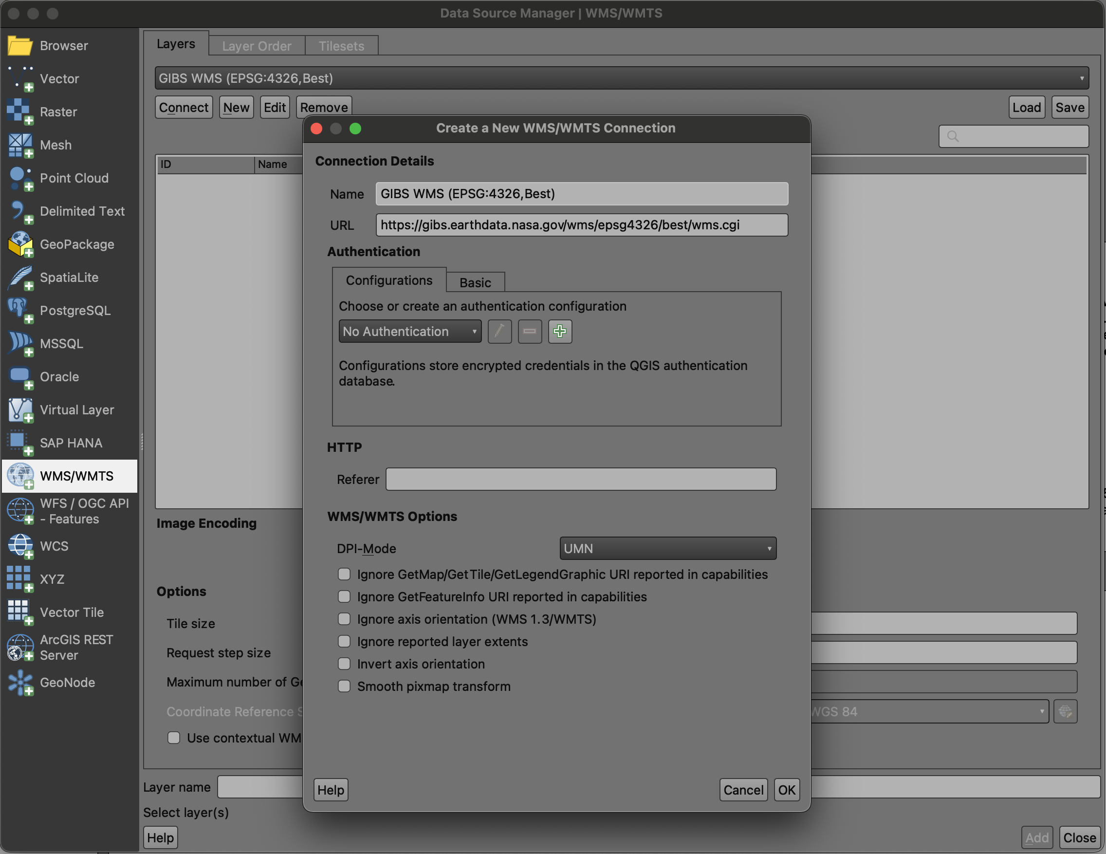 QGIS, Add WTMS Connection