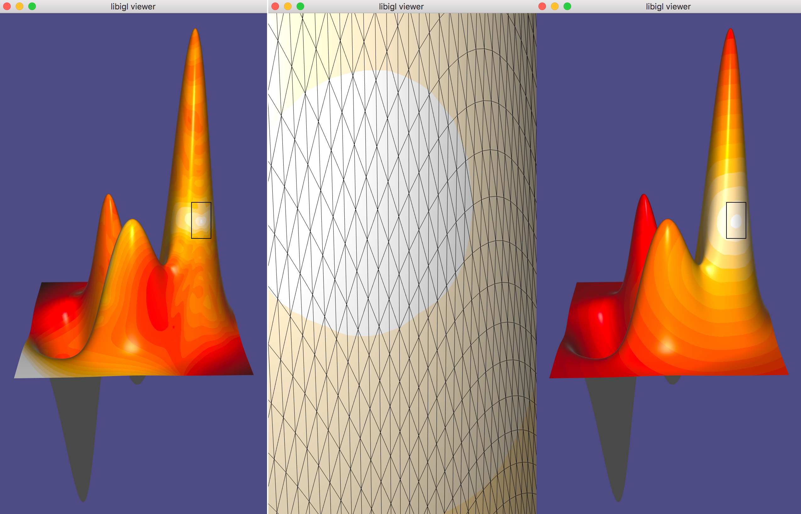 The _standard_ FEM Laplacian `igl::cotmatrix` results in an unstable geodesic
distance approximation that is non-monotonic (left), in the presence of a poor
quality and/or biased mesh (zoom-in center). Switching to the intrinsic Delaunay
triangulation's cotagent Laplacian `igl::intrinsic_delaunay_cotmatrix` improves
things and ensures monotonicity (right)