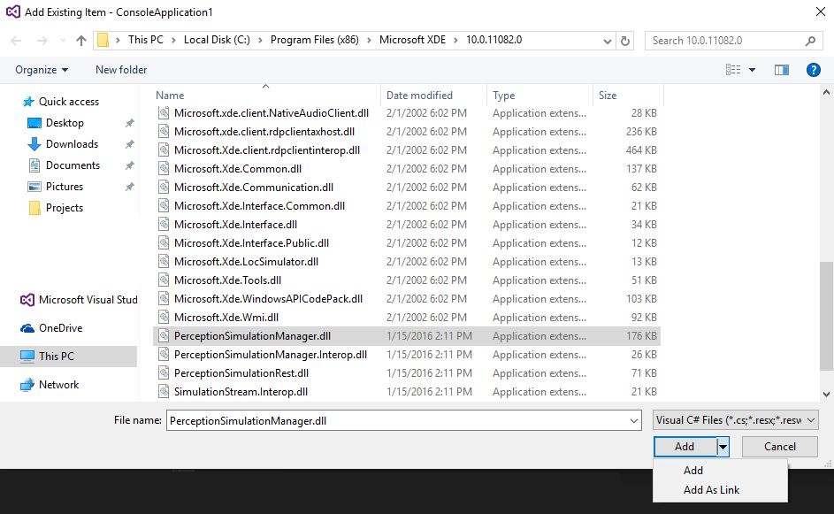 Add PerceptionSimulationManager.dll to the project as a link
