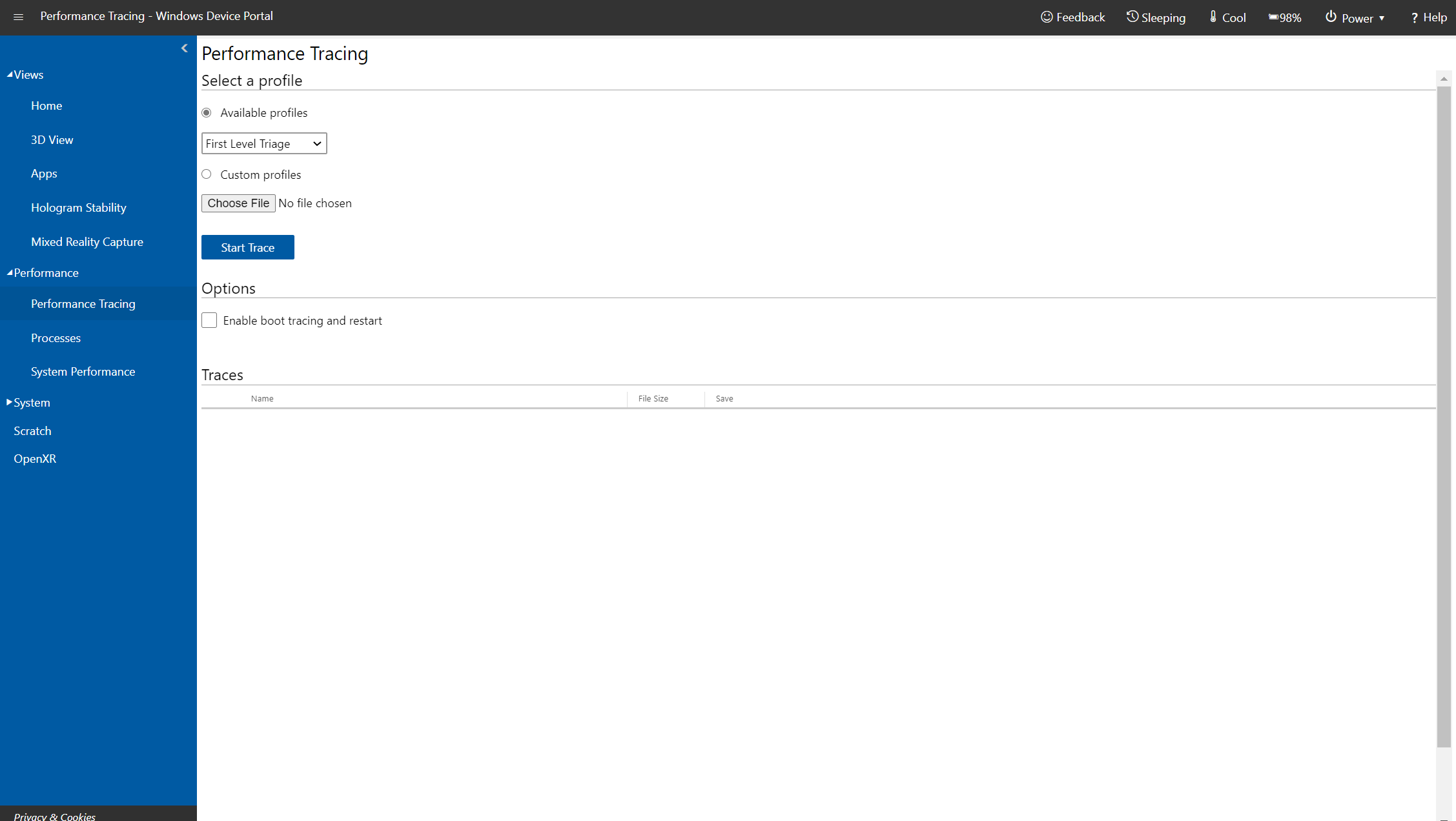 Performance Tracing page in Windows Device Portal on Microsoft HoloLens