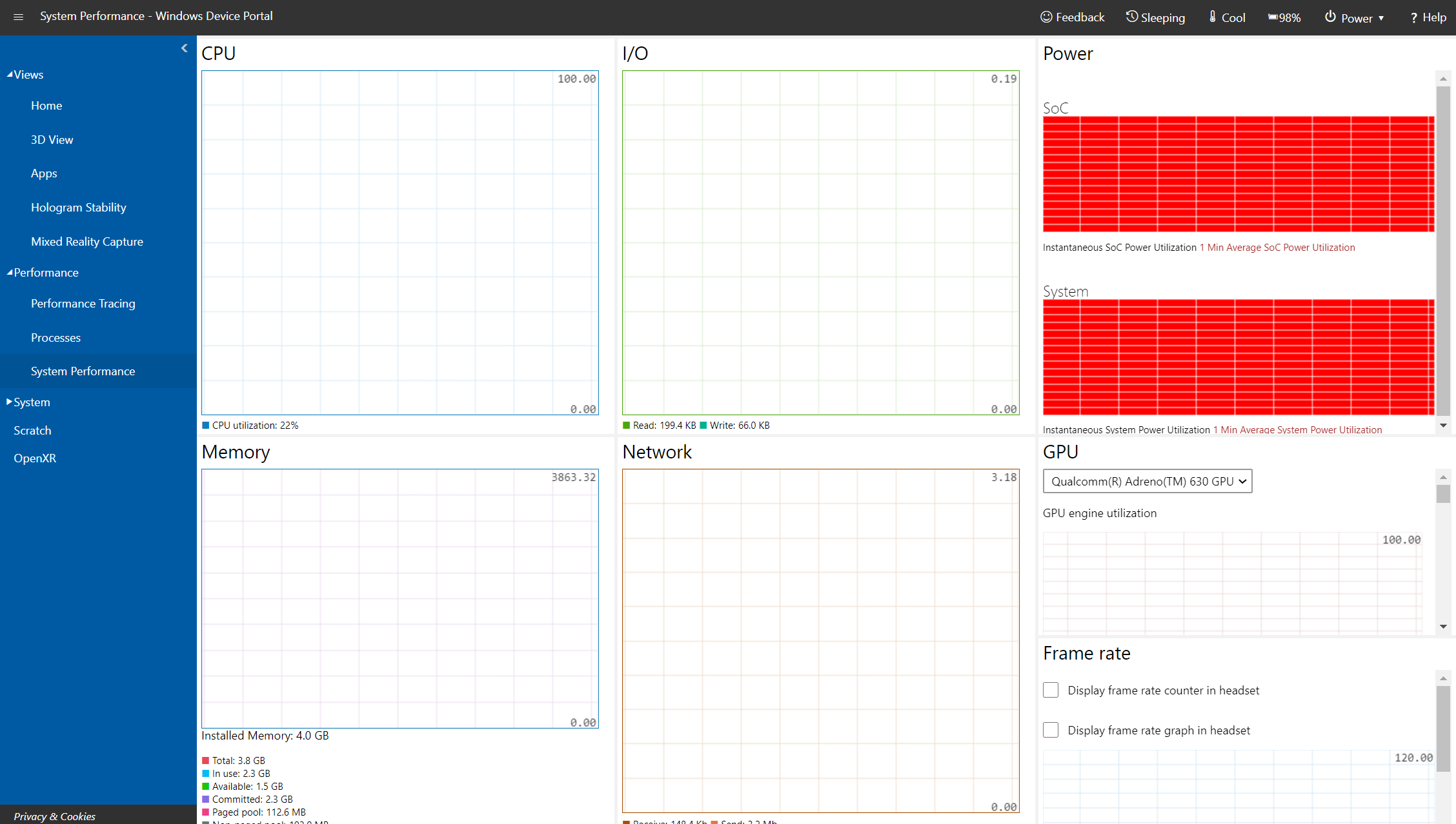 System Performance page in Windows Device Portal on Microsoft HoloLens