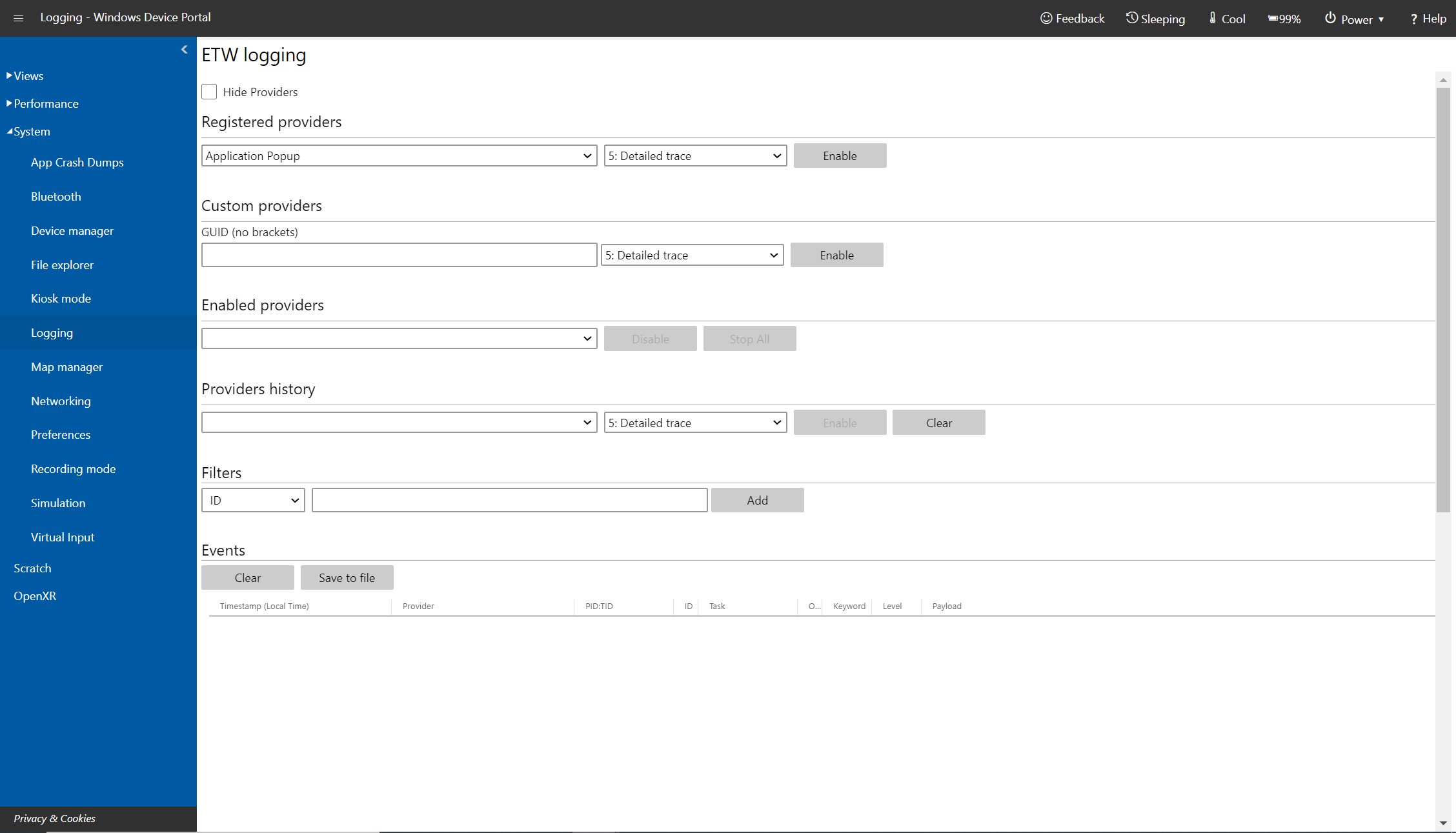 Logging page in Windows Device Portal on Microsoft HoloLens