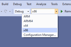 Select an x86 build configuration in Visual Studio