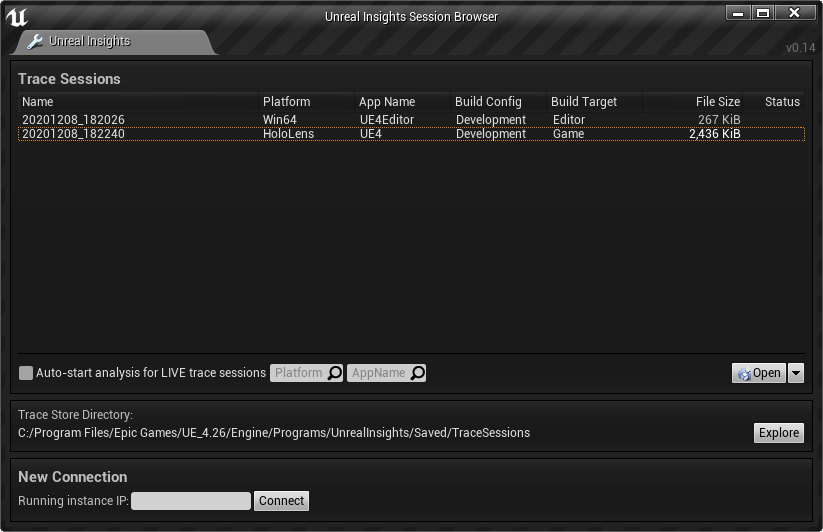 Screenshot of unreal insights executable running