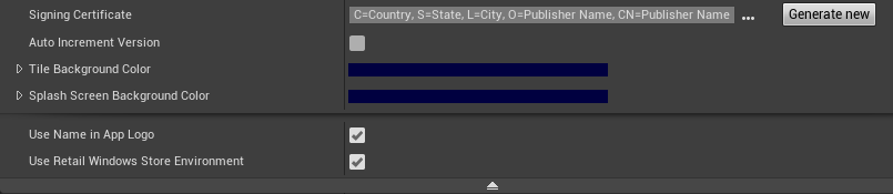 Screenshot of Unreal editor with certificate generation section expanded in project settings
