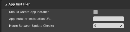 Screenshot of Unreal editor with app installer section expanded in project settings