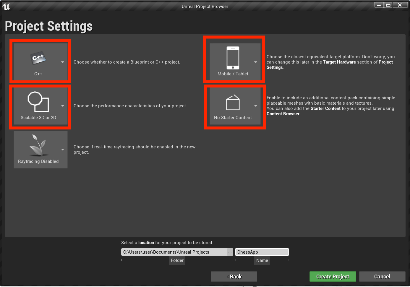 Project settings window with project, performance, target platform, and starter content choices highlighted