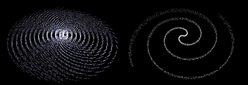 We attempted various patterns and particle systems that rotated, like these.